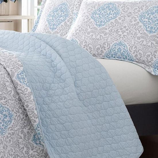 cxmicrotex Peralatan Tempat Tidur 3 Keping Set Kuilt Cadar Biru Damask Boleh Balik