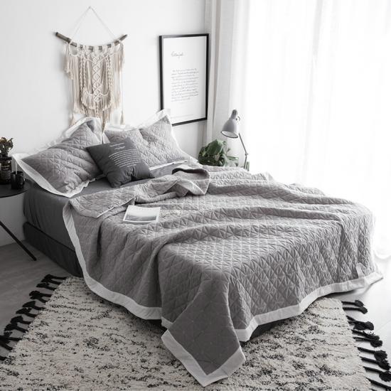 Set Tempat Tidur Geometrik Pepejal Seprai Bersulam Kelabu